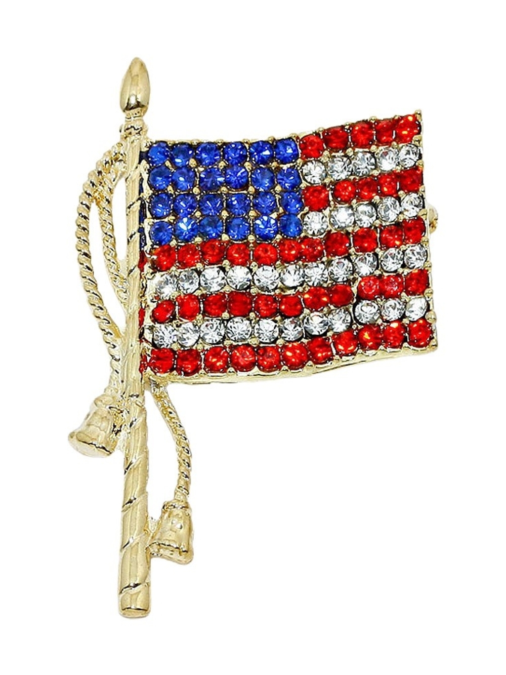 American Flag Rhinestone Brooch Pin - Red, White & Blue USA